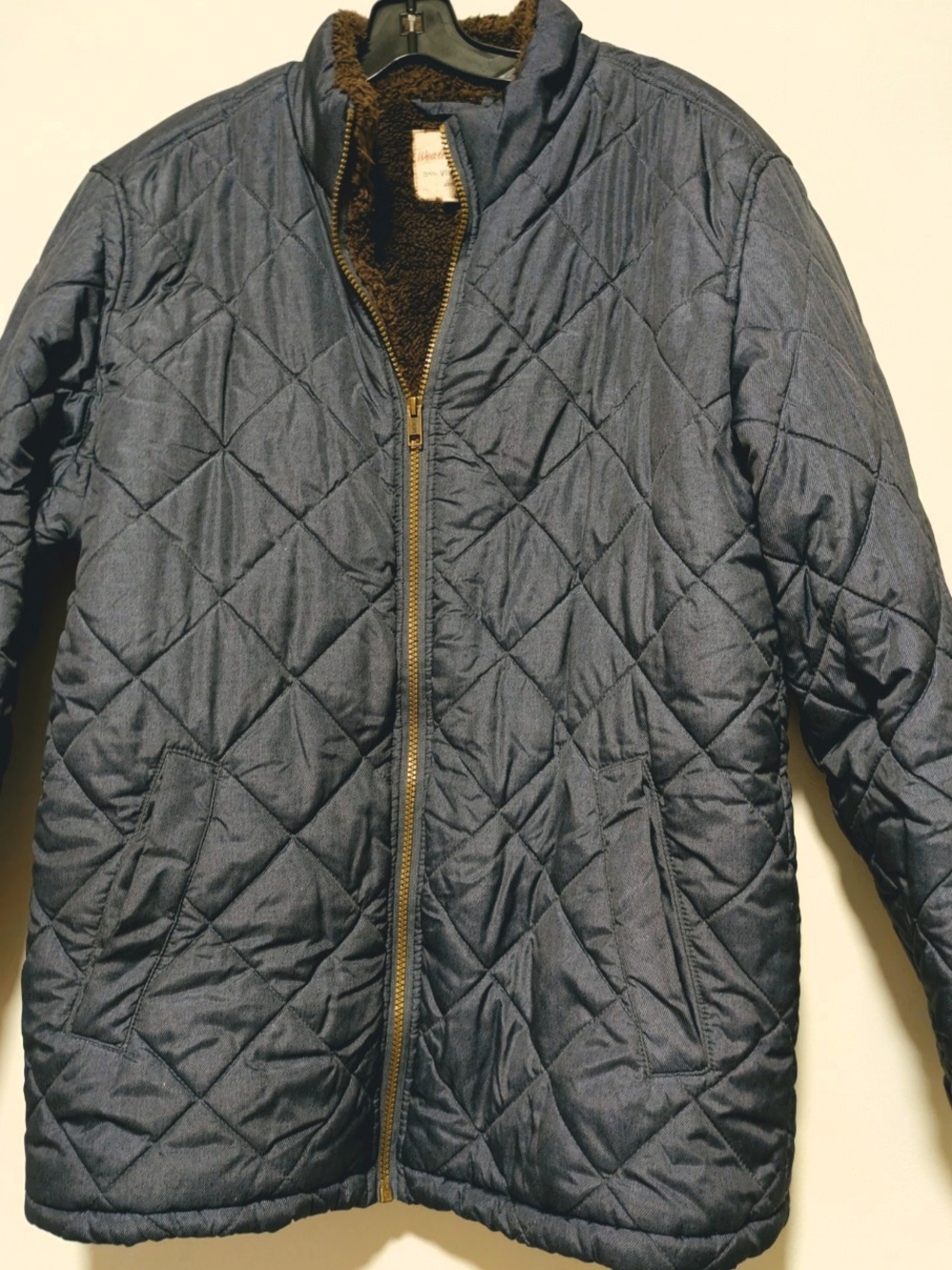 Weatherproof Quilted Navy Blue Puffer Jacket with Sherpa Collar